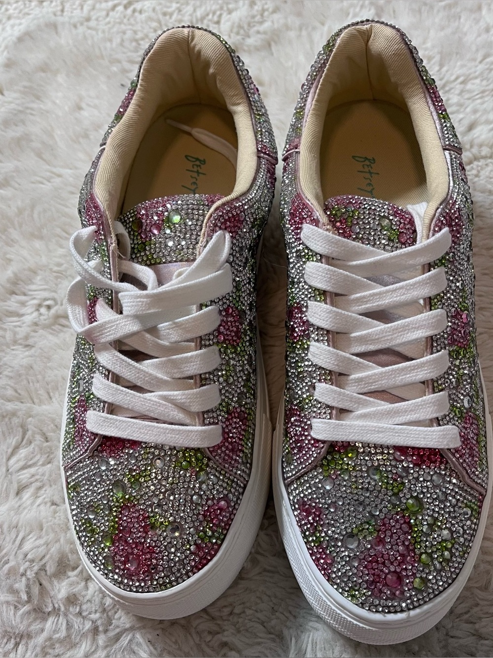 Betsey Johnson sneakers  Womens 7 White Floral Jeweled Slip On Shoes